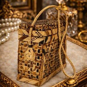 Vintage Handwoven Rattan Box Purse Geometric Basket Tote Boho